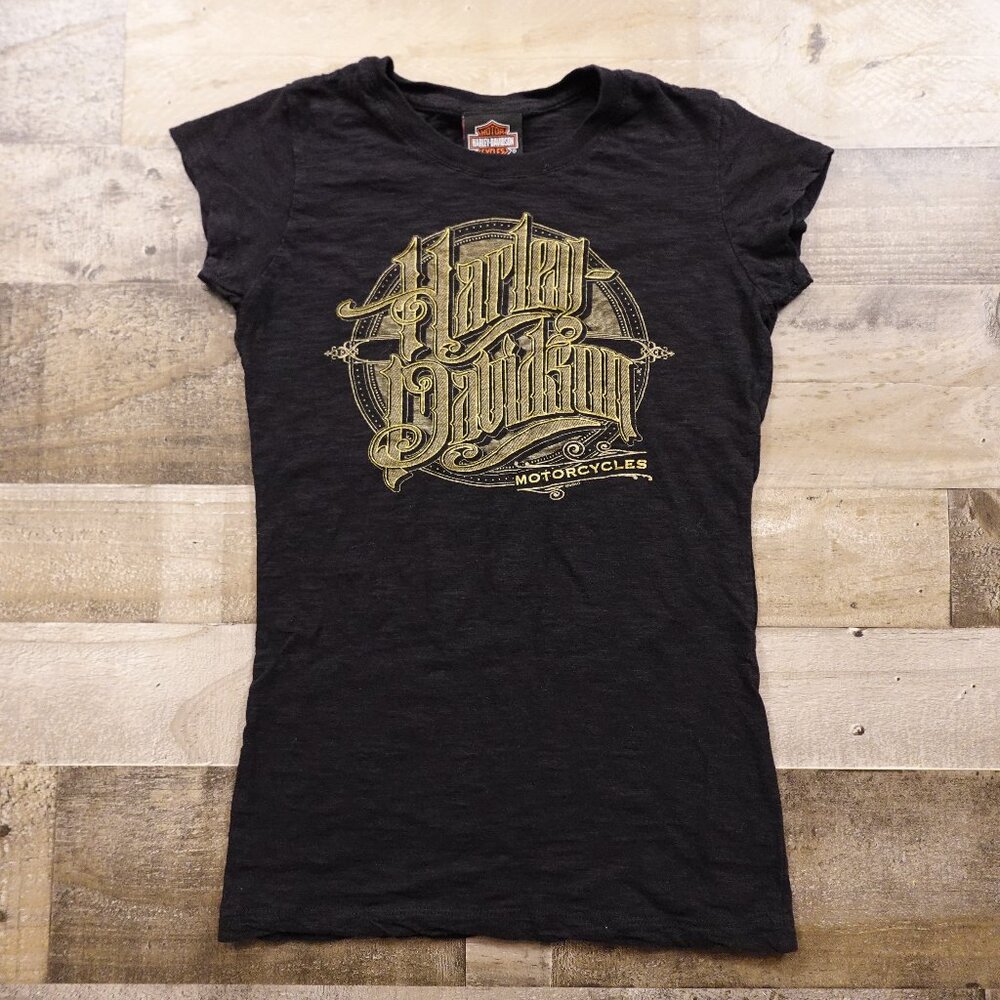 Harley-Davidson Graphic T-Shirt Women’s Medium Black Gold‎ Motorcycles Tee